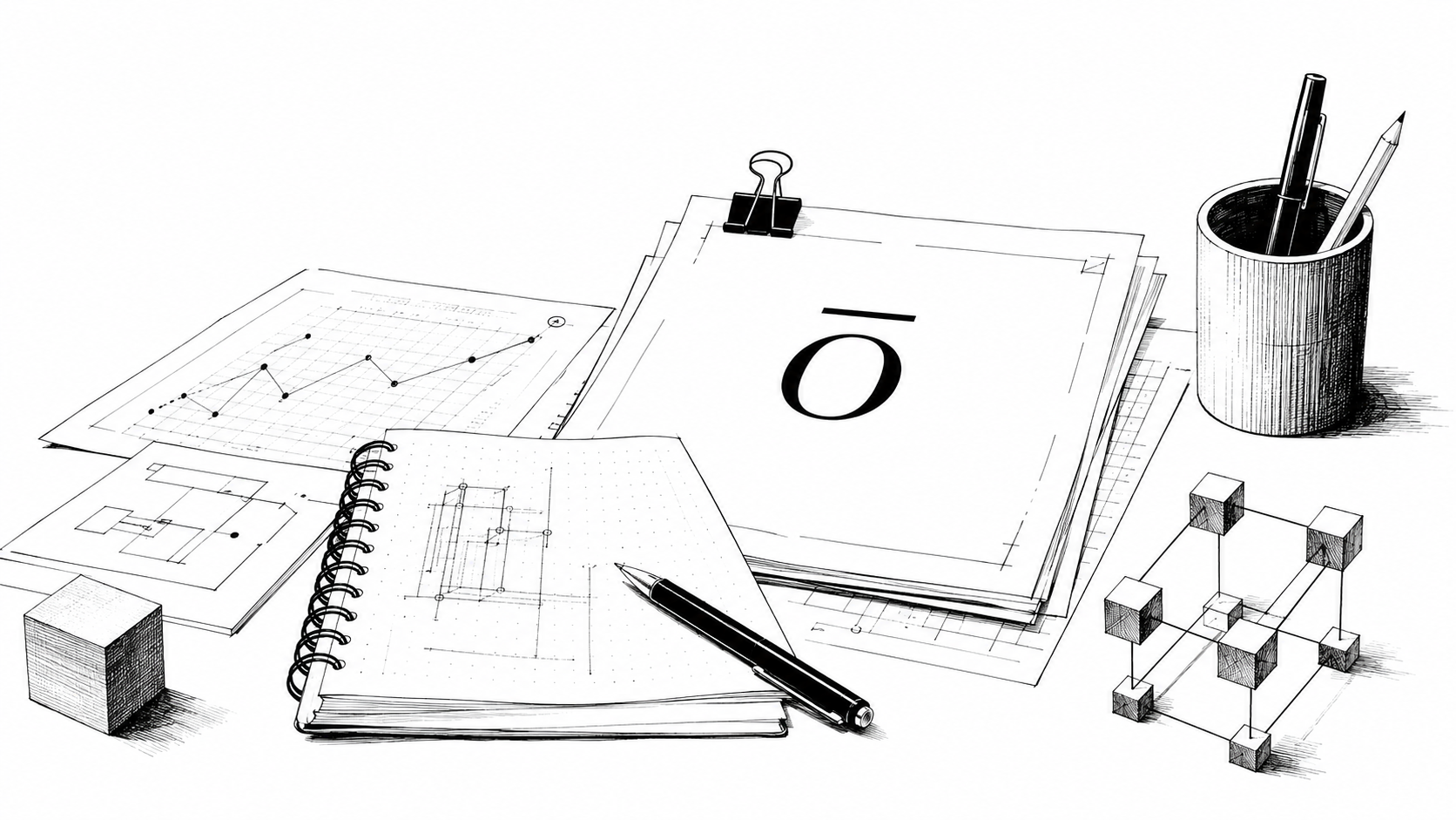 Sketch of notebooks, technical diagrams, charts, and writing tools